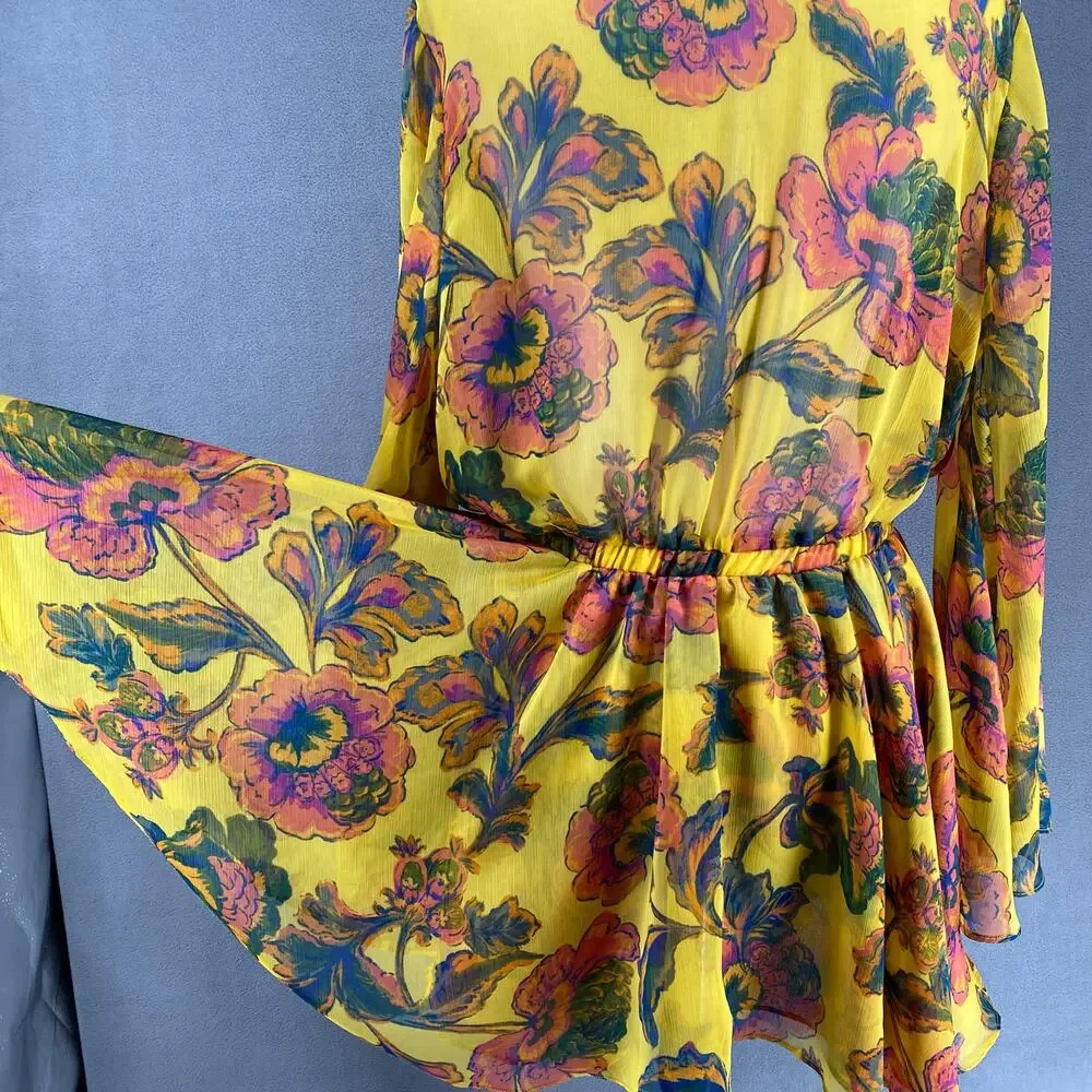 Misa Kaia Floral Chiffon Mini Dress Womens L Canary Yellow Anthropologie Revolve - Picture 9 of 16
